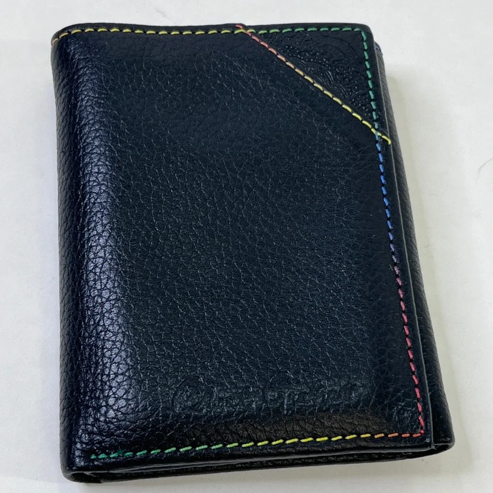 Robert Graham Mens Black Leather Trifold Wallet Multicolor Stitching Paisley